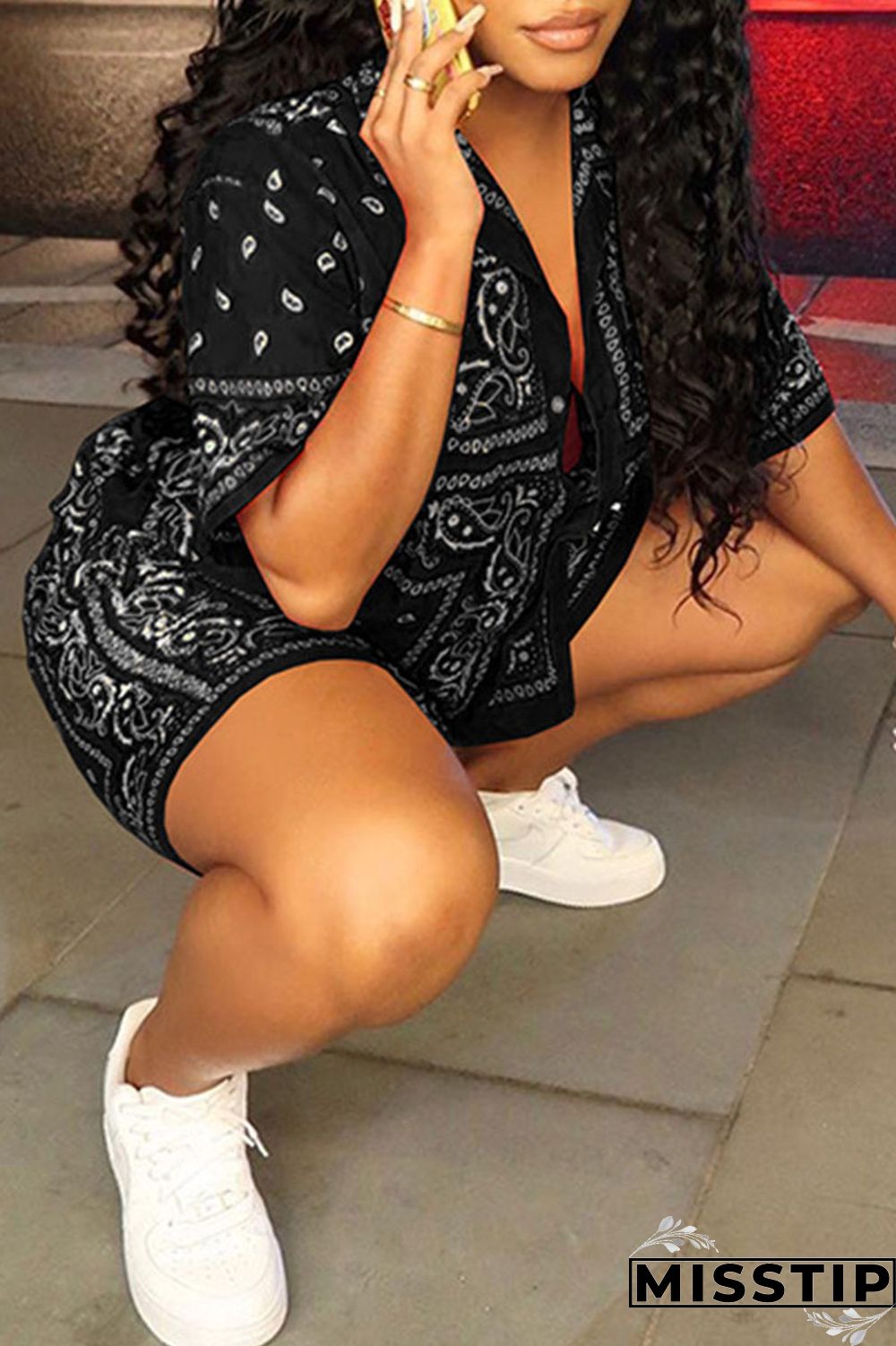 Yellow Casual Print Patchwork Buckle Turndown Collar Short Sleeve Two Pieces