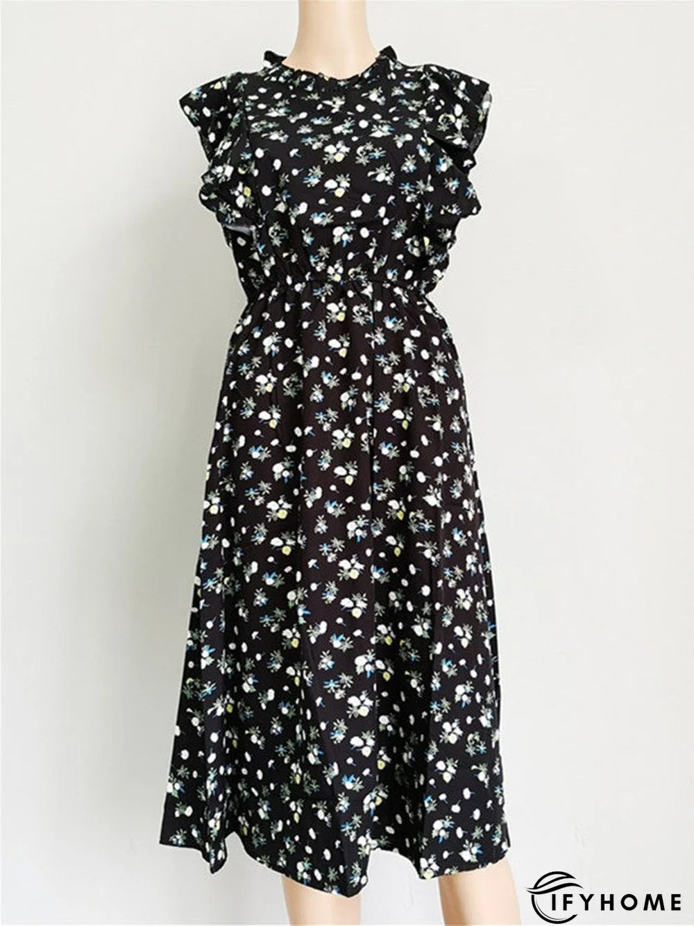 Vintage Butterfly Sleeve Ruffles Print Chic Dress Women Medium Long Chiffon Ladies Spring Summer Dress | IFYHOME