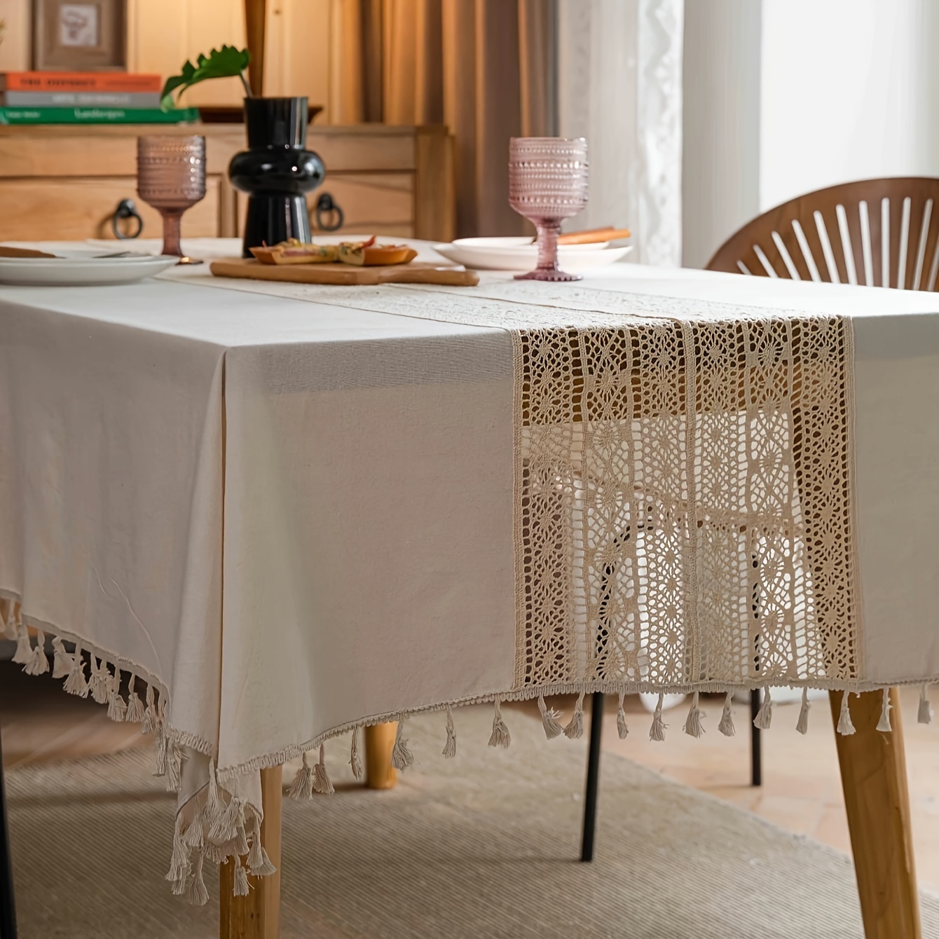 1pc, Linen Table Cloth, Bohemian Pure Hand-crocheted Table Cover, Hemp Splice Retro Hollow Beige Fringed Table Cloth, Suitable For Christmas Table, Picnic, Dust Decoration Tablecloth, Room Decor