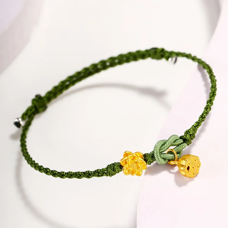 Handmade 999 Gold Lotus Flower Pod New Beginning Braid String Bracelet
