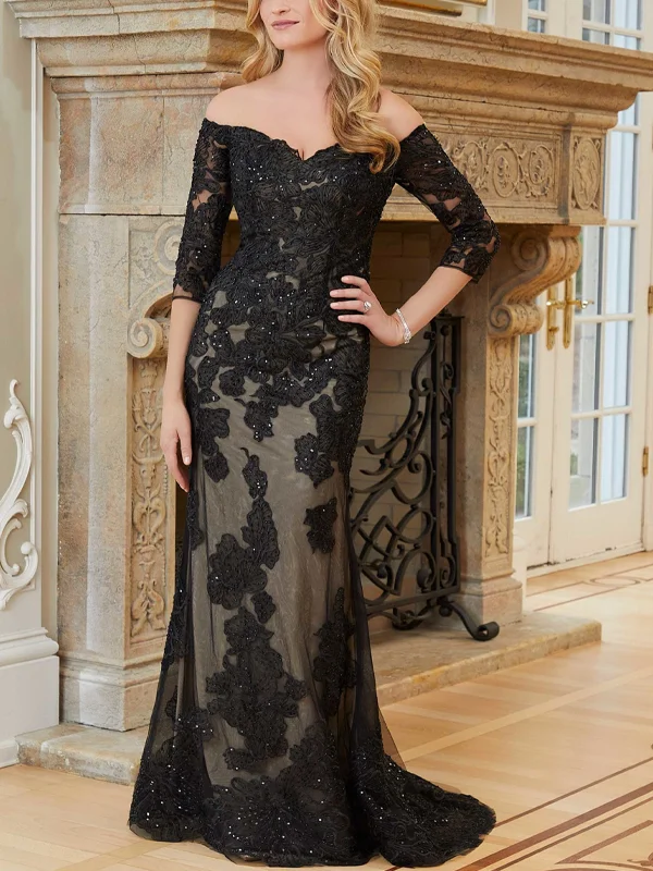 One-shoulder lace sequined long-sleeved dress