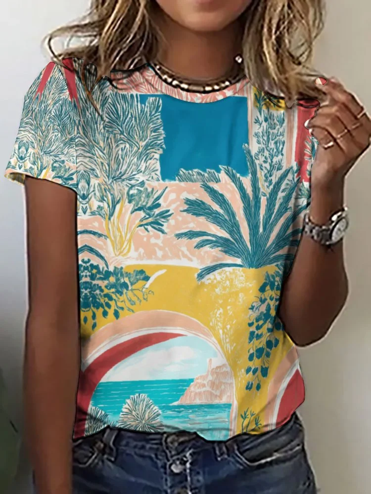 Printed Short Sleeve Casual T-shirt for  Women and Men Unisex Pattern Tropical, Summer, Blue