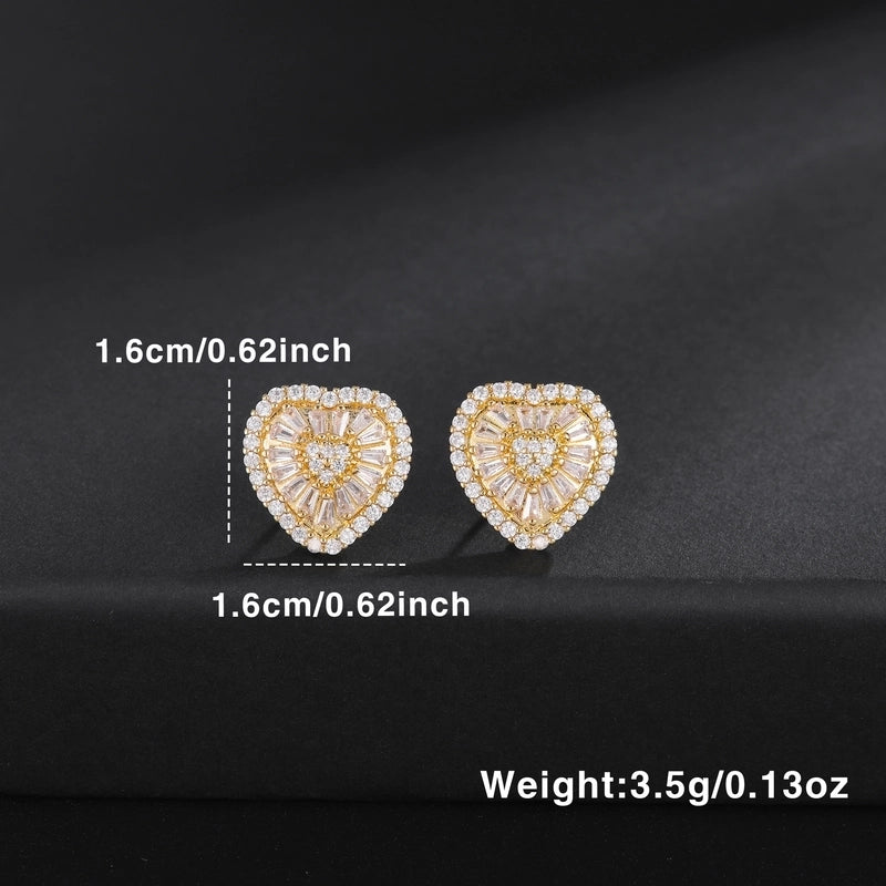 1 Pair Minimalist Shiny Heart Shape Inlay Copper Zircon 18K Gold Plated Ear Studs3