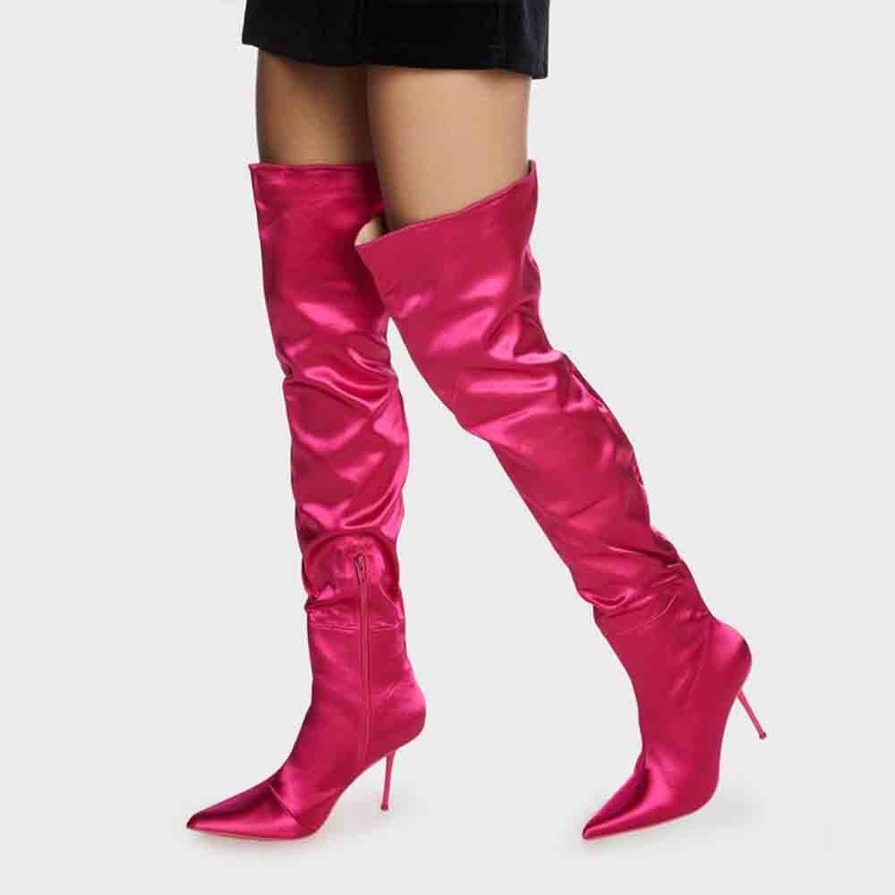 GOOSHOE Hot Pink Pointed Toe Stiletto Heels Satin Knee Boots