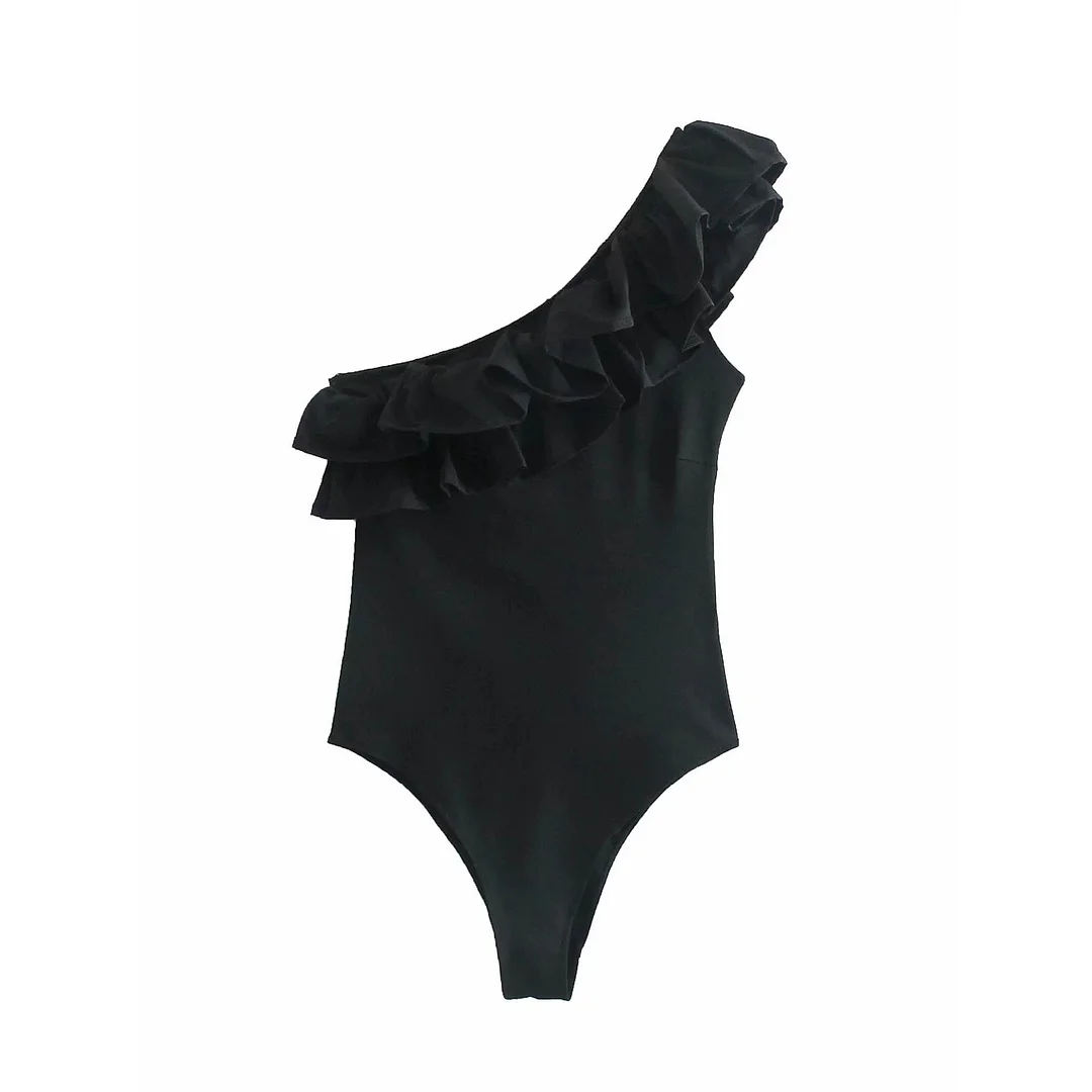 Fashion Women Ruffles One Shoulder Sexy Jumpsuit Swimwear Solid 2 Color Alternative Beach Bathing Suit Skinny Body Rompers