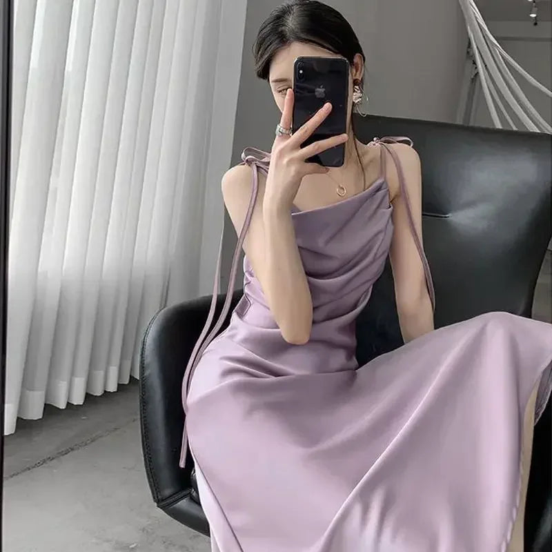 Aiertu Purple Satin Slip Midi Dress Women Vintage Korean Fashion Lace-up Spaghetti Strap Elegant Party Dresses 2024 Summer Aiertu
