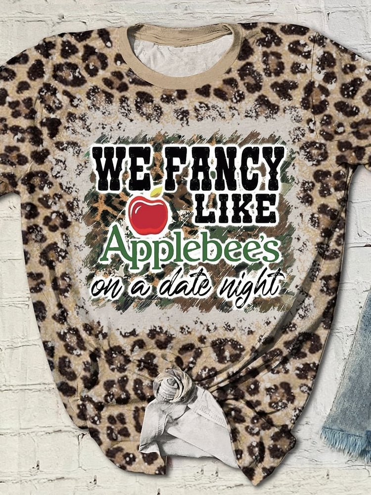 We Fancy Like Applebee's On A Date Night Country Music Leopard Bleached Print Short Sleeve T-shirt
