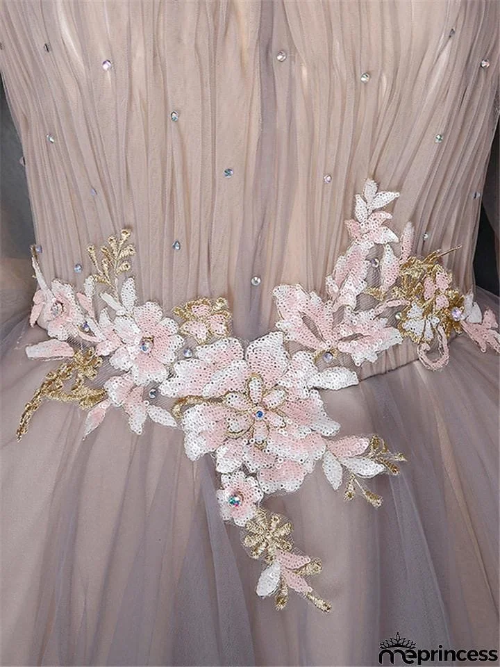 Gorgeous Illusion Neck Fitted Waist Applique Fairy Dress for Prom