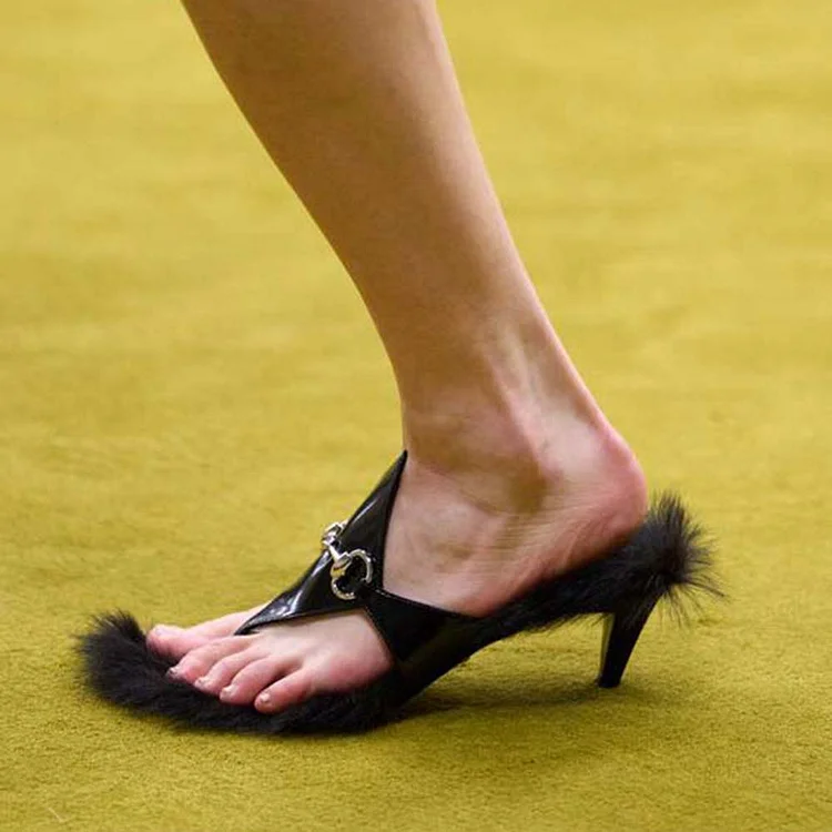 Fashion Black Fur & Patent Leather Shoes Kitten Heel Dress Sandals |FSJ Shoes