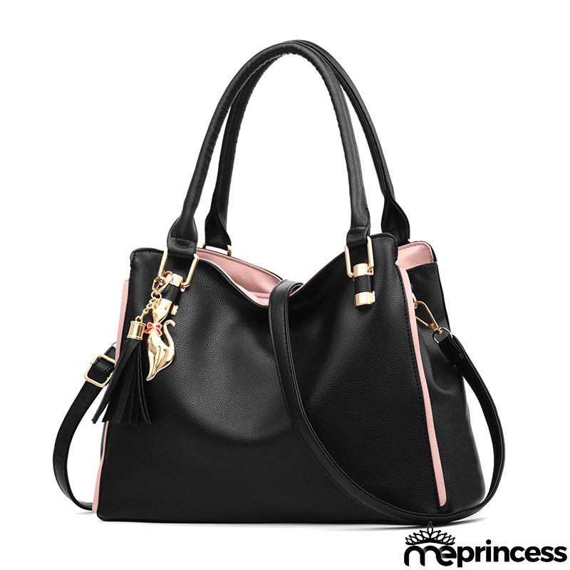 Women Vintage Design Solid Color Large Capacity Shoulder Handle Bag