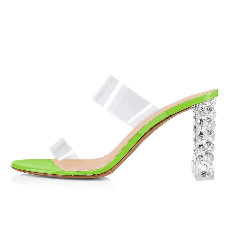 Green Clear Mule Heels Chunky Heel Mules Sandals |FSJ Shoes