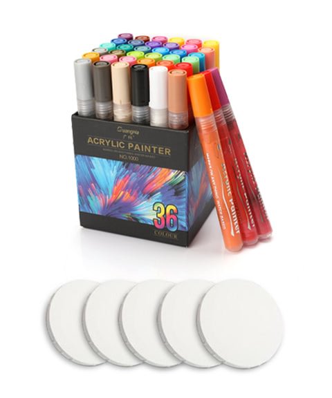36 Colors Acrylic Paint Markers With 5 Pcs White Round Canvas Set