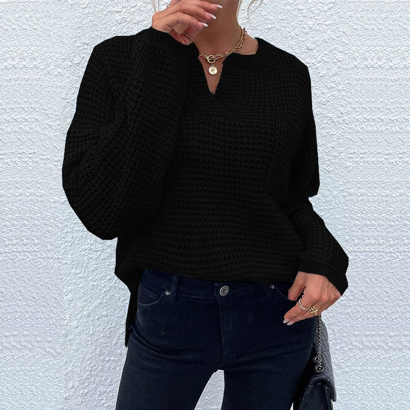 Uveng Uveng Fashion Women's Top Knit Jumper Long Sleeve V-Neck Pocket Solid Color Sweater Women's Knit