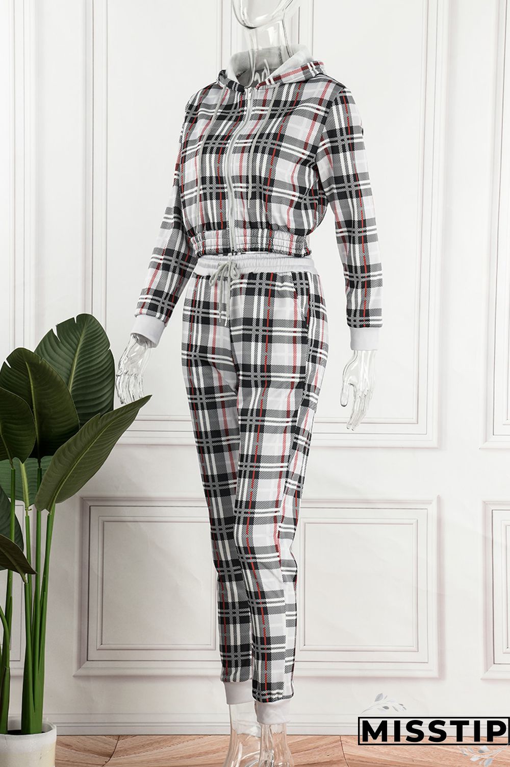 Pink Casual Plaid Print Patchwork Hooded Collar Long Sleeve Two Pieces