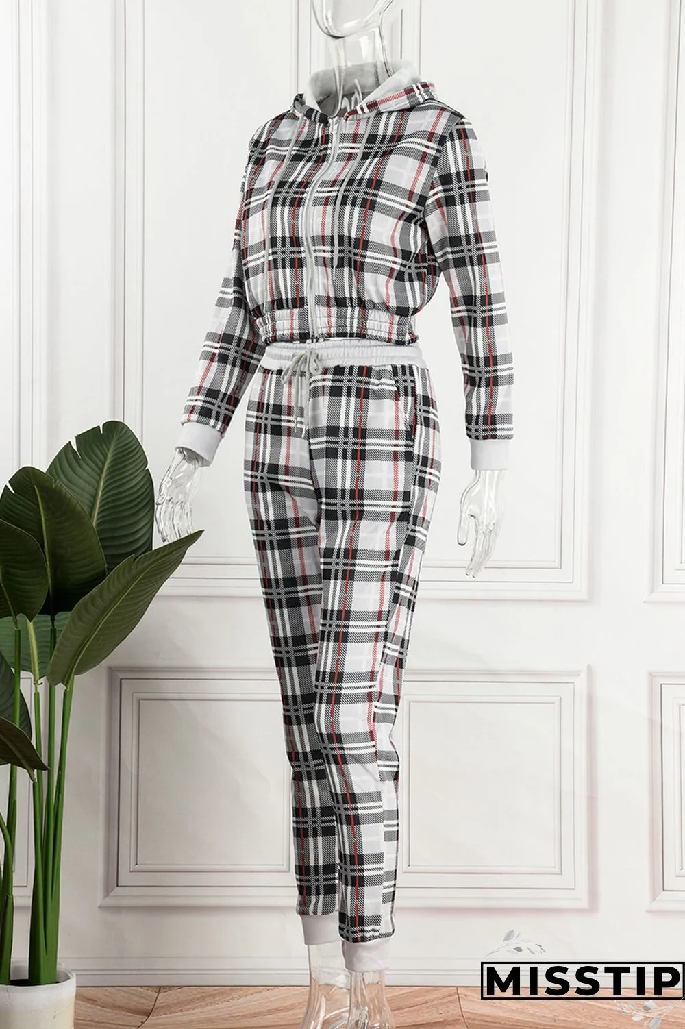 Pink Casual Plaid Print Patchwork Hooded Collar Long Sleeve Two Pieces