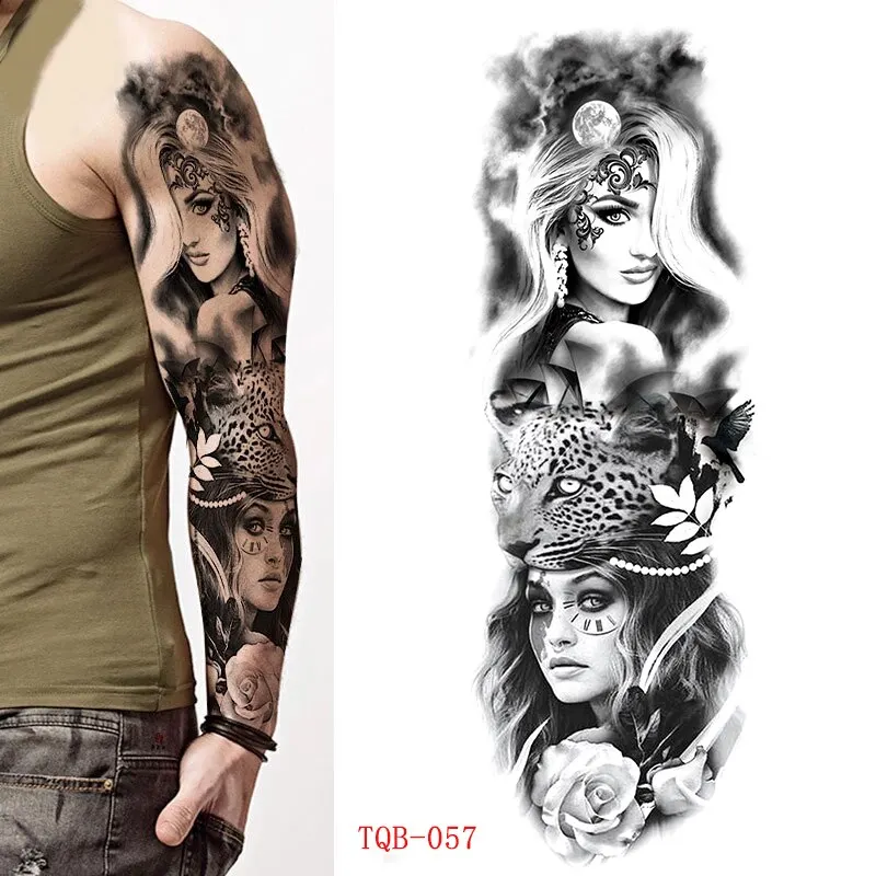 Sdrawing Men Temporary Tattoos Large Arm Sleeve Tattoo Sticker Dragon Tiger Fish Full Skull Totem Wolf Waterproof Fake Tattoo for Women