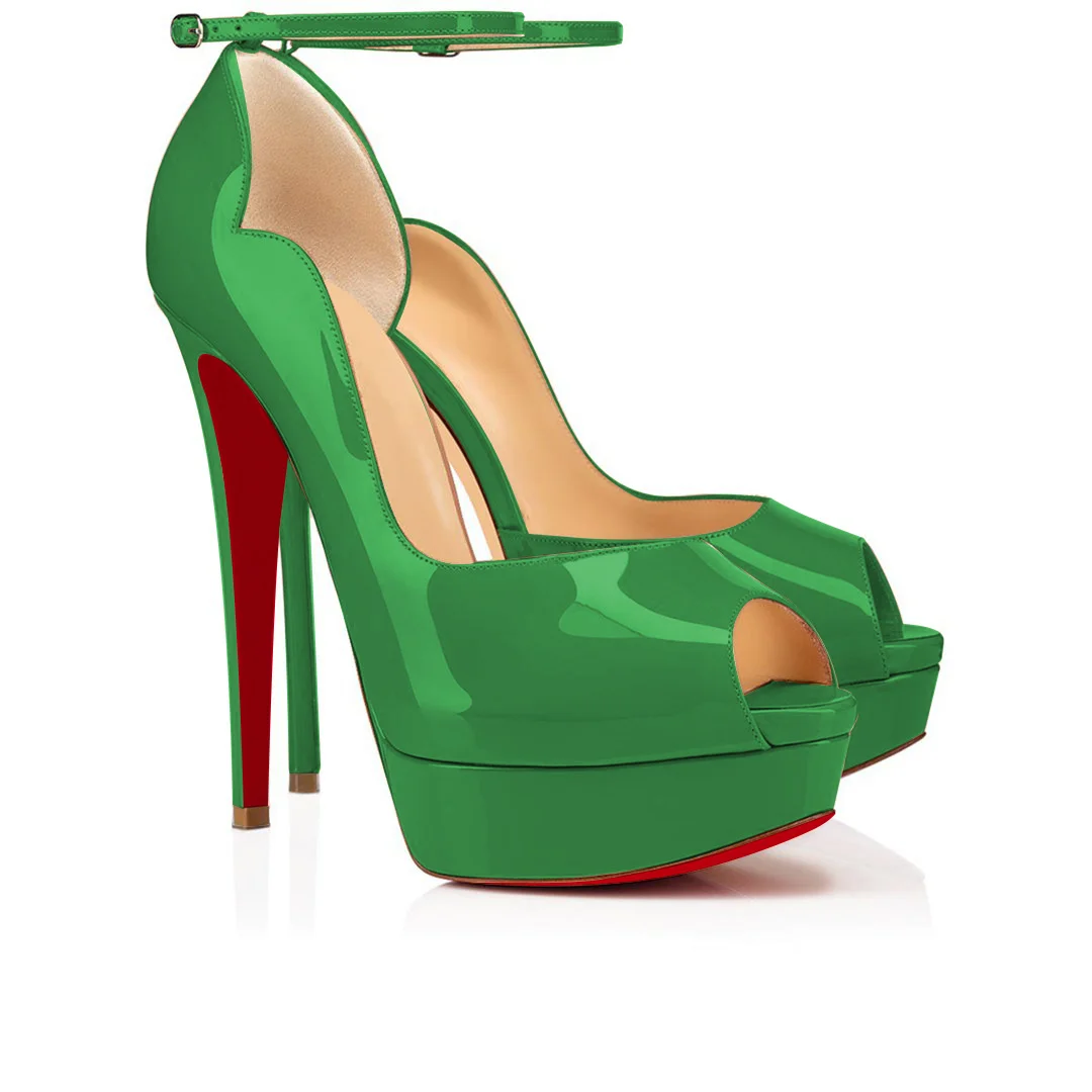 15cm Red Bottom Sky High Platform Ankle strap Pumps Green Patent-MERUMOTE