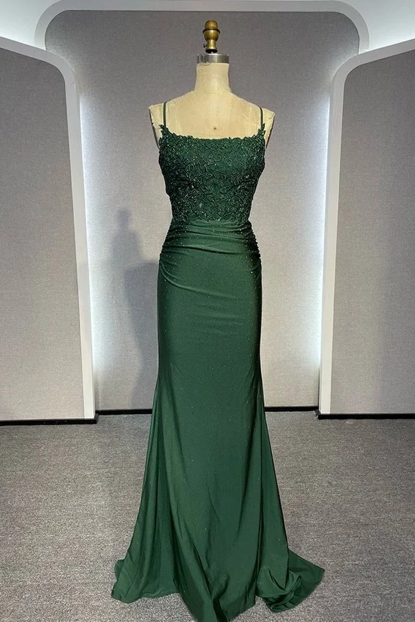  Dark Green Sleeveless Spaghetti Straps Square Lace Prom Dress - ohprom