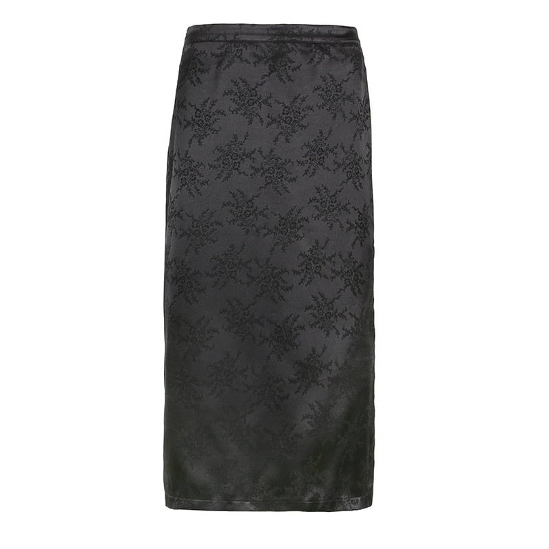 IAMSURE Satin Floral Split Midi Skirt Seexy Slim Solid High Waisted Straigh Skirts Women 2021 Chinesh Style Vintage Clubwear 90S