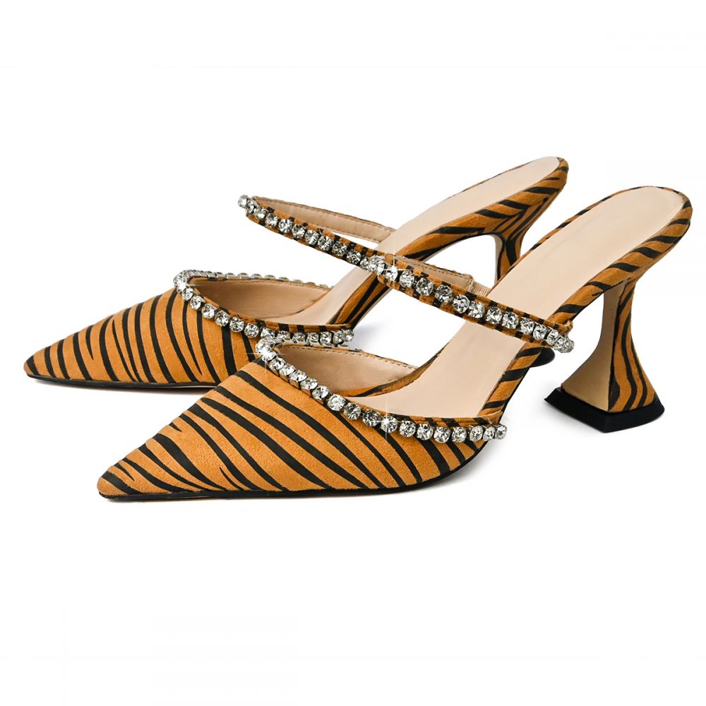 Tiger Print Pointed Toe Flared Heel Mules Sandals with Rhinestone Nicepairs