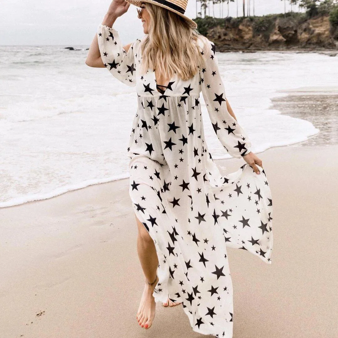 Retro Star Print Long Sleeve Split Maxi Dress White Dresses