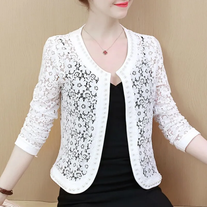Uveng Hollow Out Lace Blouse Women Long Sleeve White Black Shirt Beading Lace Jacket Elegant 4XL Women Clothing Blusas 16821