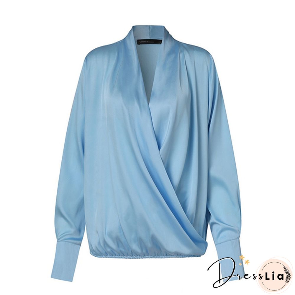 Women Long Sleeve Wrap Blouse Satin Silk V Neck Casual Elegant Shirt Plus Size Tops