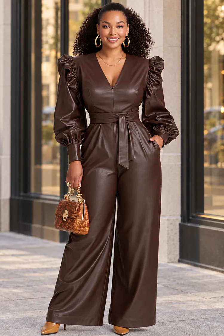 Xpluswear Design Plus Size Business Casual Elegant Brown V Neck Lantern Sleeve Long Sleeve Pocket Wrap PU Leather Jumpsuits [Pre-Order] 2024 - Xpluswear