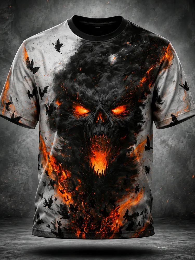 Men's T-shirt Featuring Flaming Skull And Butterfly Print