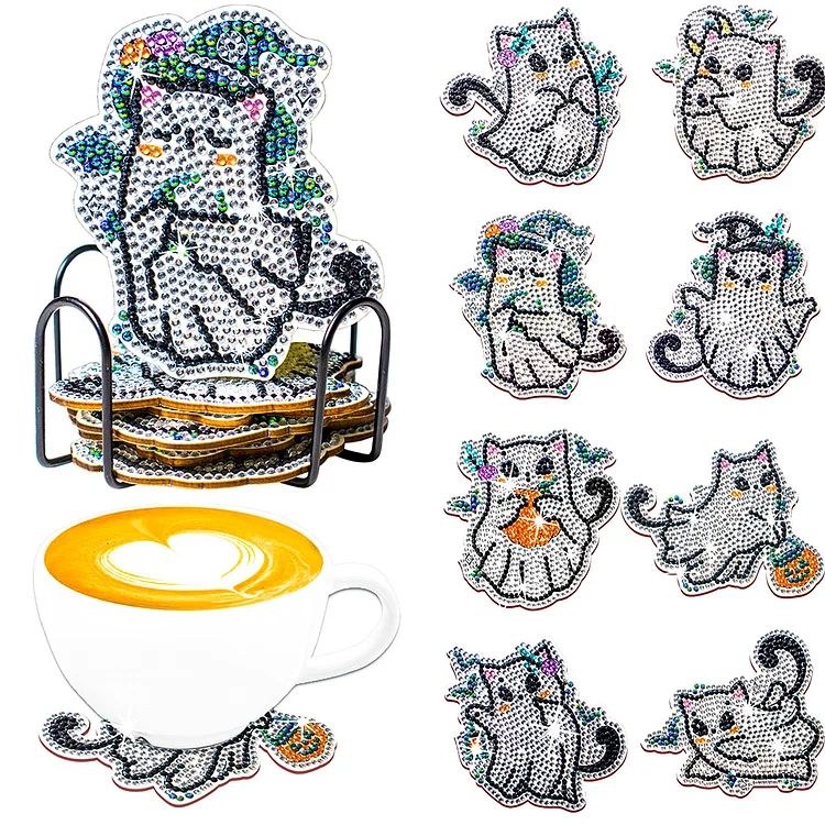 Halloween Cat Coasters, Unique Halloween Drink Coaster Cat Patterns 4pcs