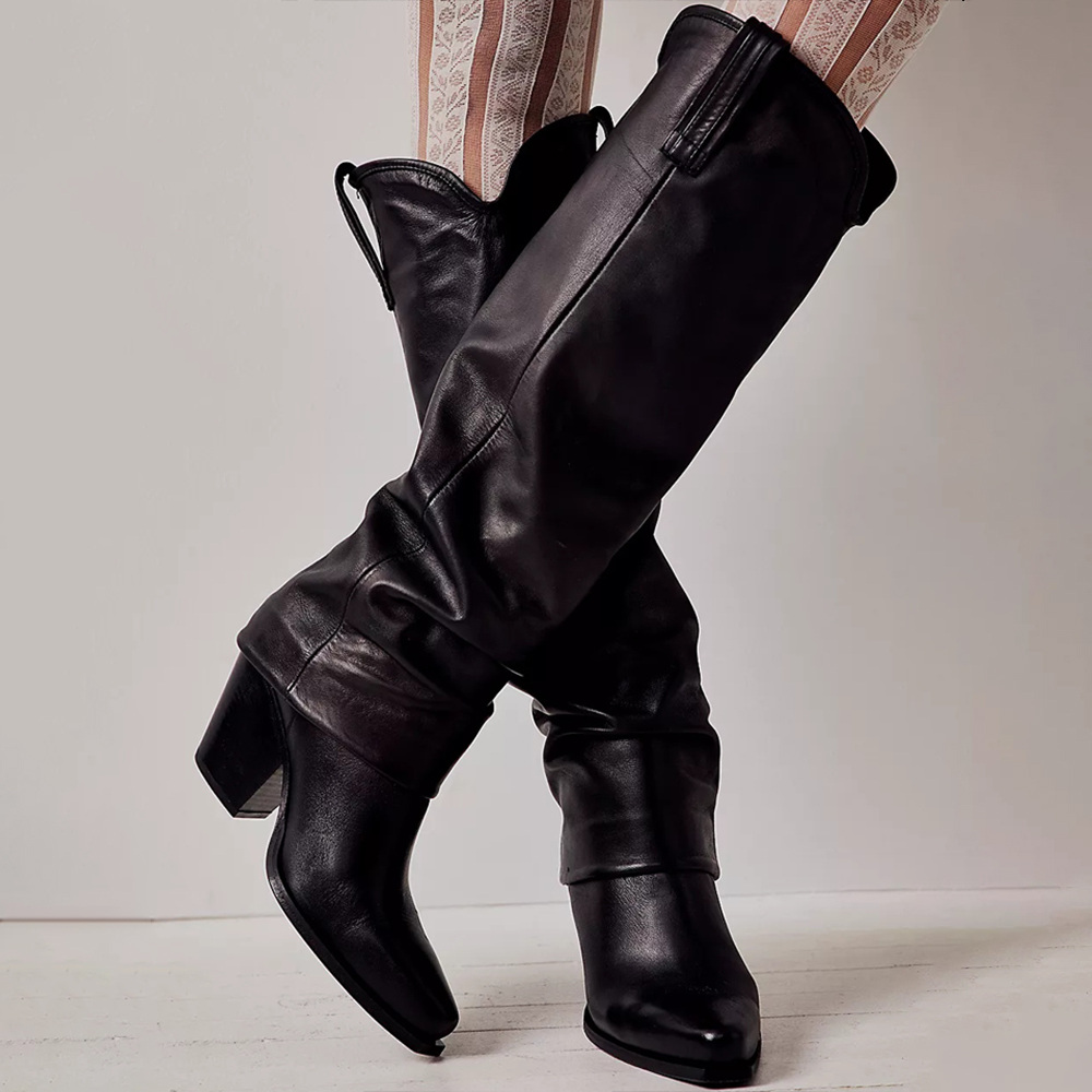 Black Pointed Toe Boots Cowgirl Chunky Heel Boots