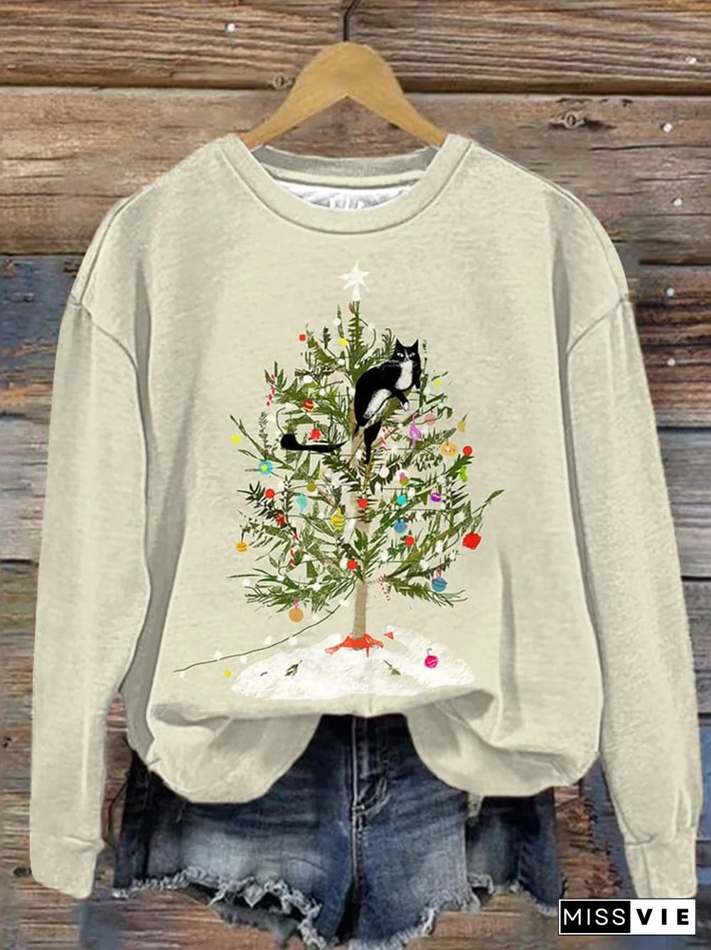 Women's Winter Cat Print Crew Neck Sweatshirt