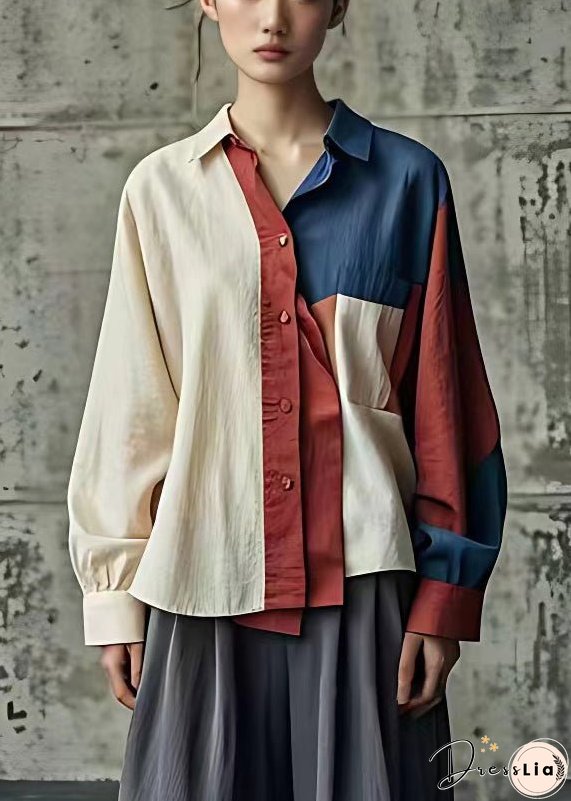 Unique Beige Asymmetrical Button Patchwork Linen Shirt Fall