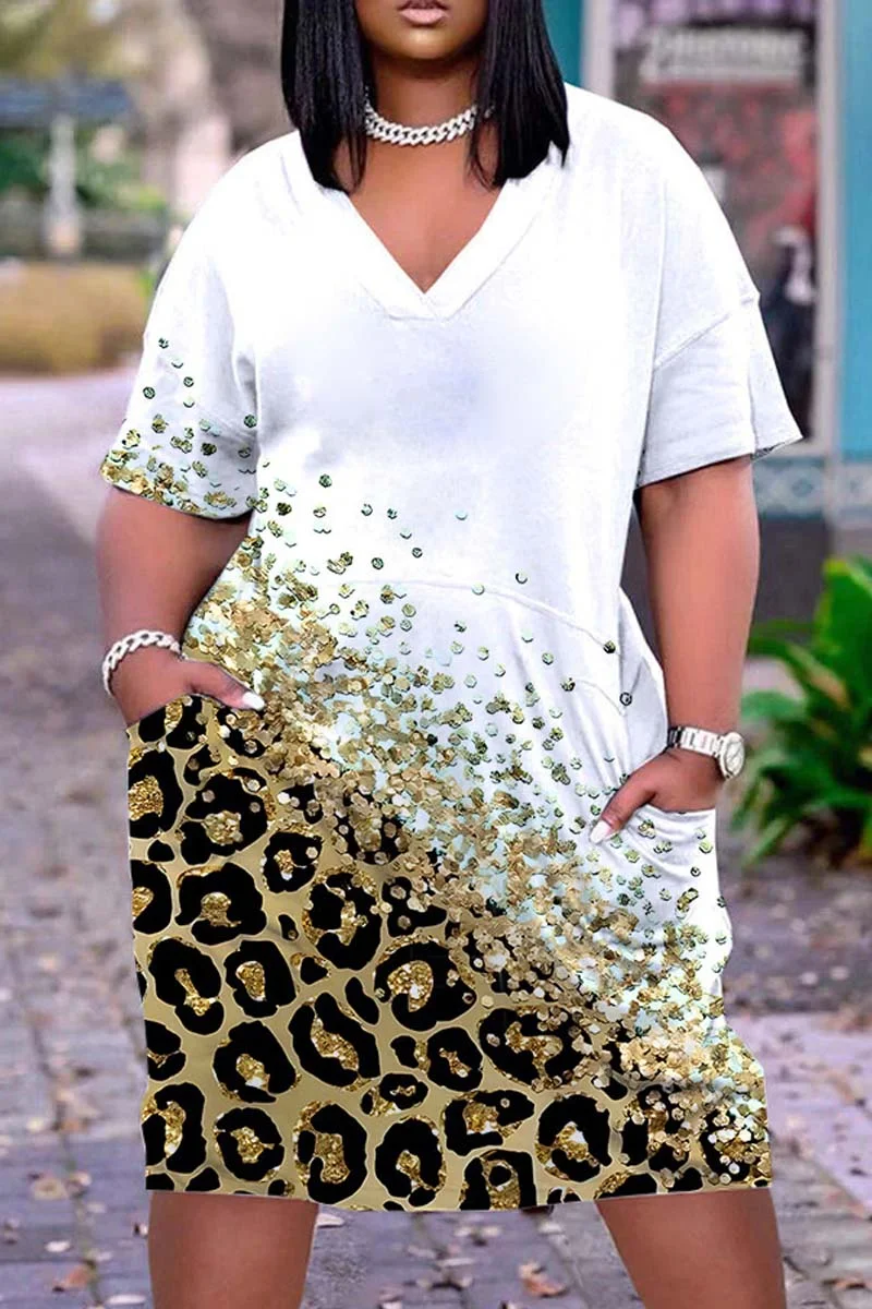 White Casual Print Patchwork V Neck Short Sleeve Dress