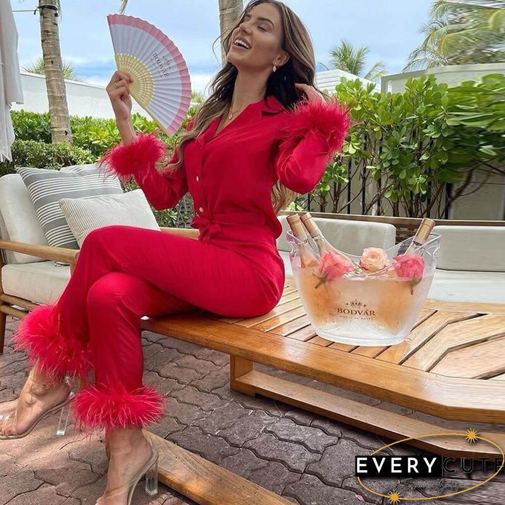 Autumn Women Soft Feather Home Suit Pajama Elegant Homewear Two Piece Set Fashion Turn-down Collar Button Top+Wide Leg Pant Suit