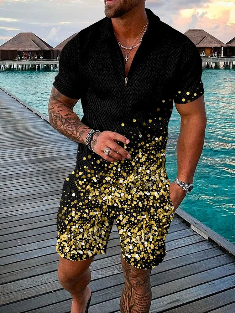 Men's Fashion Printed  Zip Polo Shirt and Shorts Two-Piece Suits
