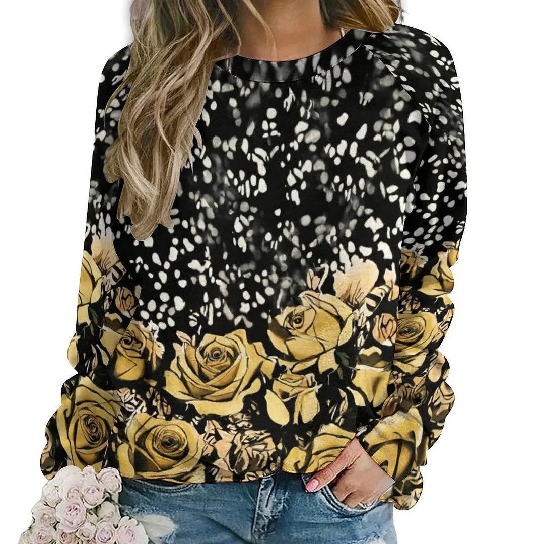 Printed Long Sleeve Casual Sweatshirt for  Women and Men Unisex Pattern Khaki, Rose, Polka Dot, Black