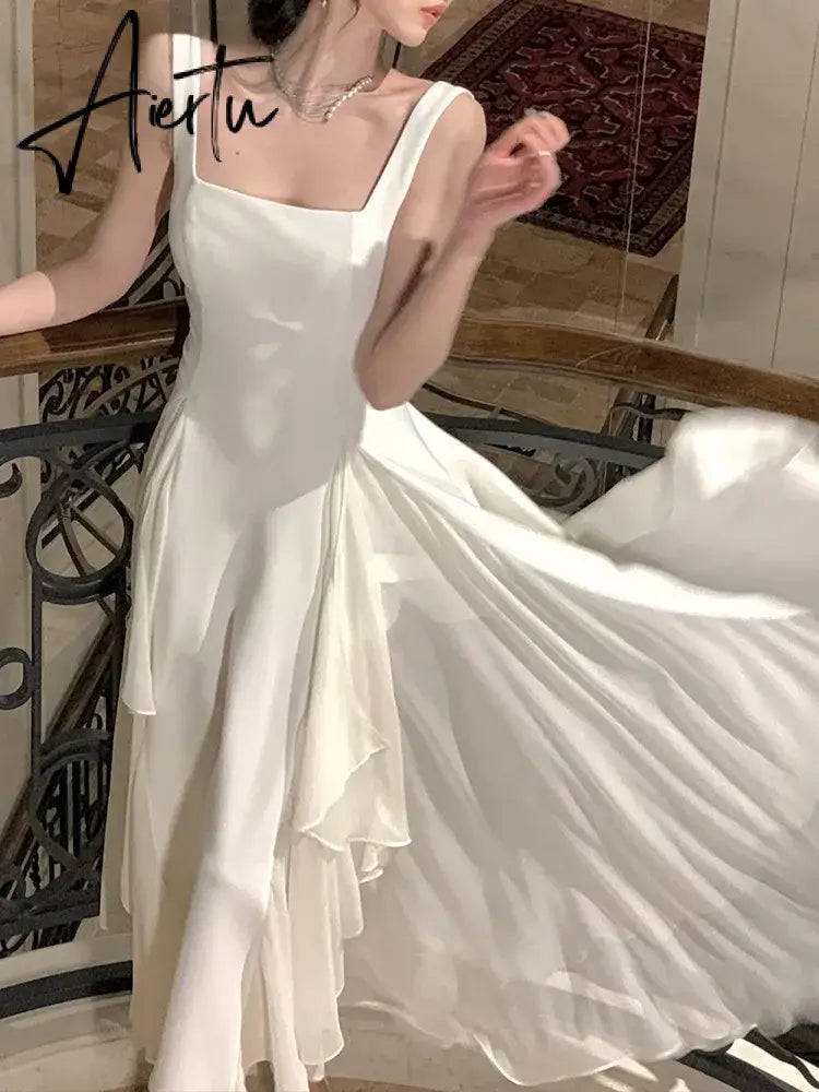 Elegant Sleeveless Female A-line Dress Summer Ladies Vestidos Spaghetti Strap Slim Waist Mesh Patchwork Women Dress Aiertu