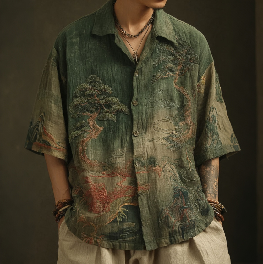 Comstylish Japanese Landscape Painting Art Linen Turn-down Collar Shirt