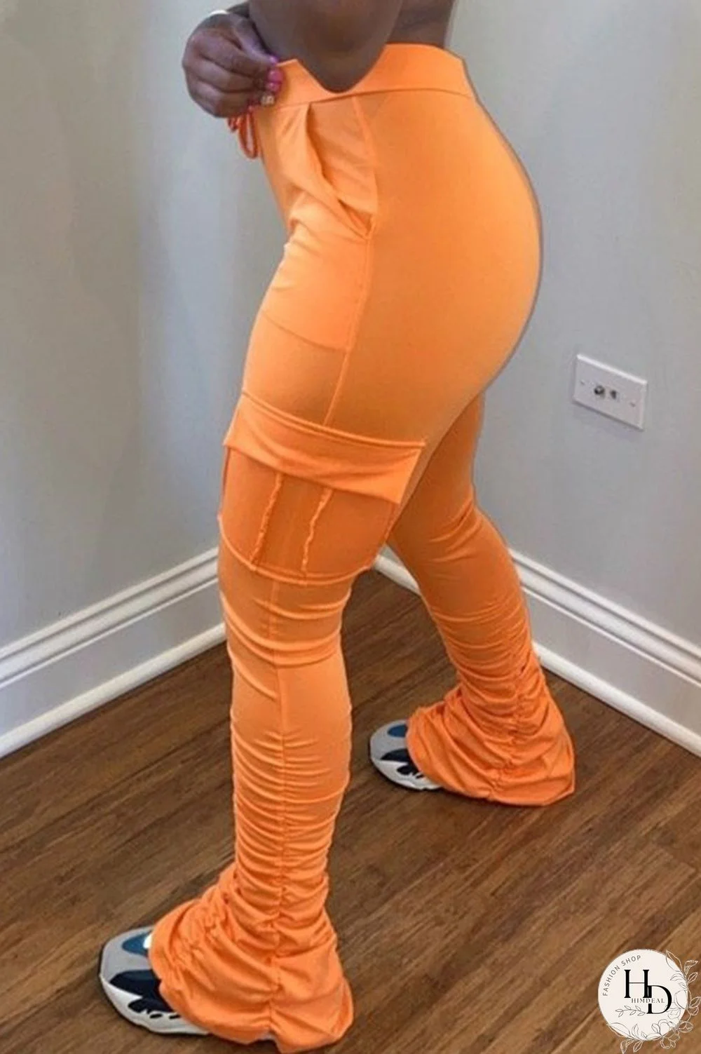 Yellow Drawstring High Solid Pocket Draped Boot Cut Pants Bottoms