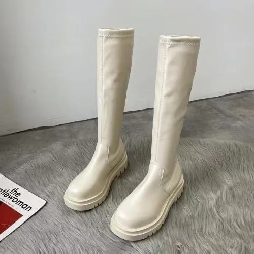 2021 Platform Knee High Boots Slip-on Block Heel Footwear Women Thick High Heels PU Leather Shoes Fashion Spring Female Boots