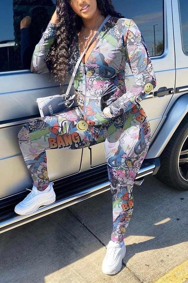 Fashion Slim Zipper Printed Two Piece - Shop Trendy Women's Clothing | LoverChic