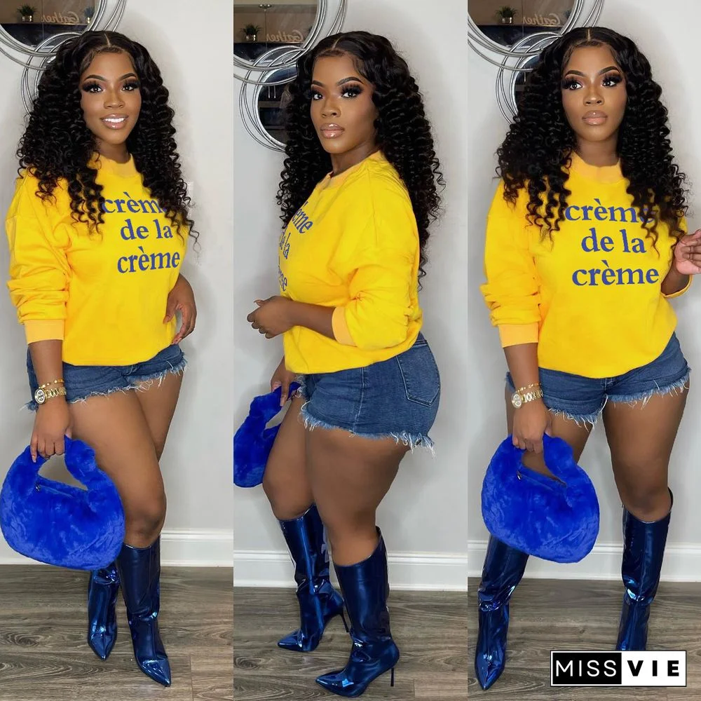 Plus Size Letter Print Long Sleeve O Neck Pullover Tops