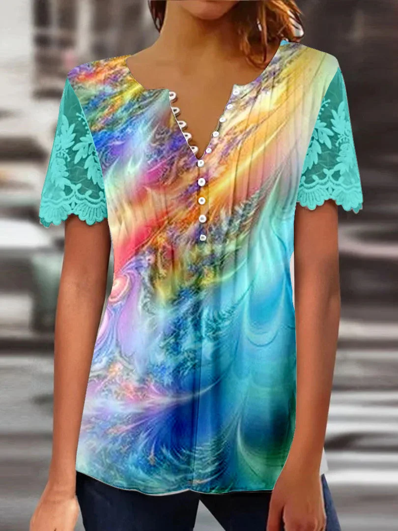 Women Short Sleeve V-neck Colorblock Printed Printed Graphic Lace Button Tops