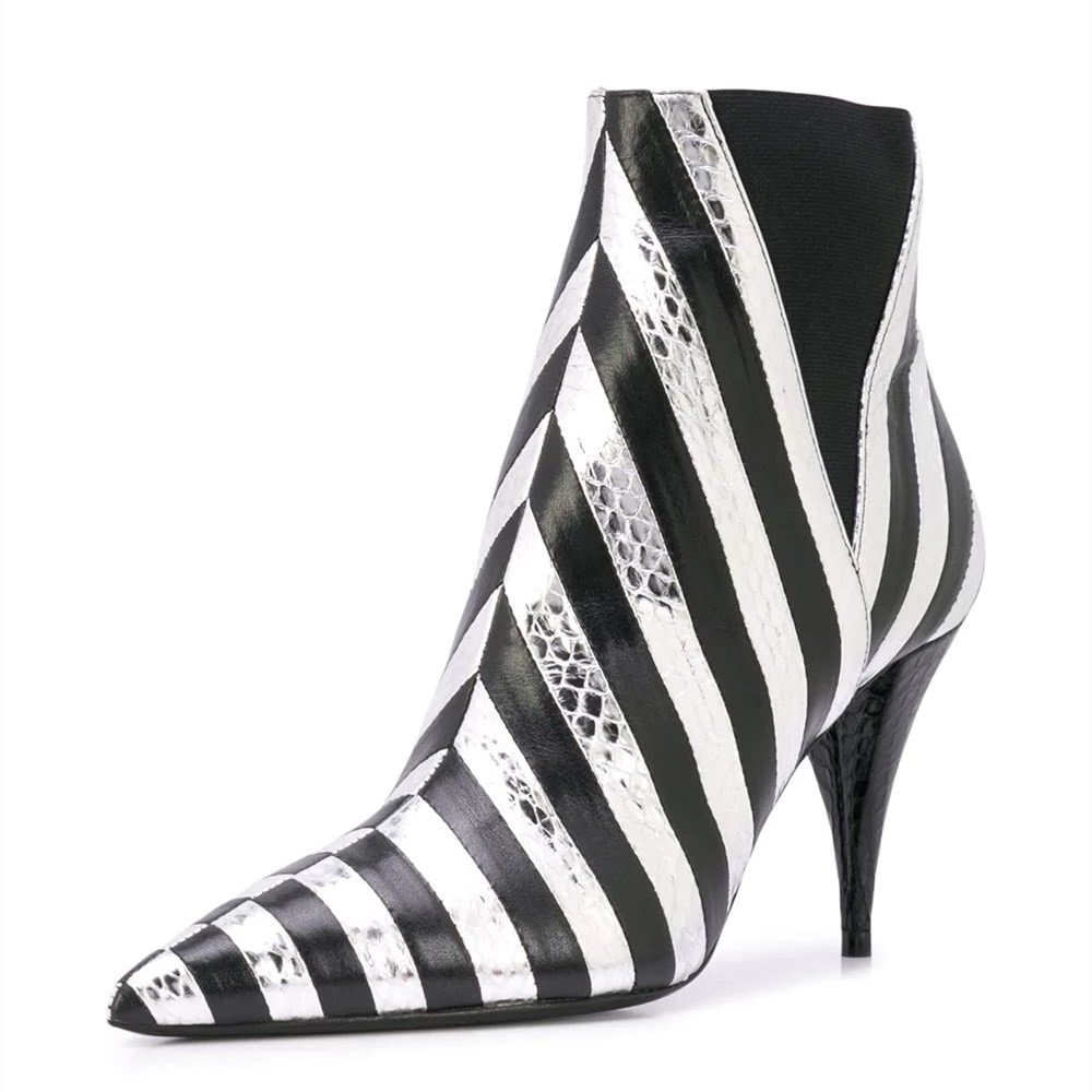 Black and White Stripe Ankle Booties Python Cone Heel Boots Nicepairs