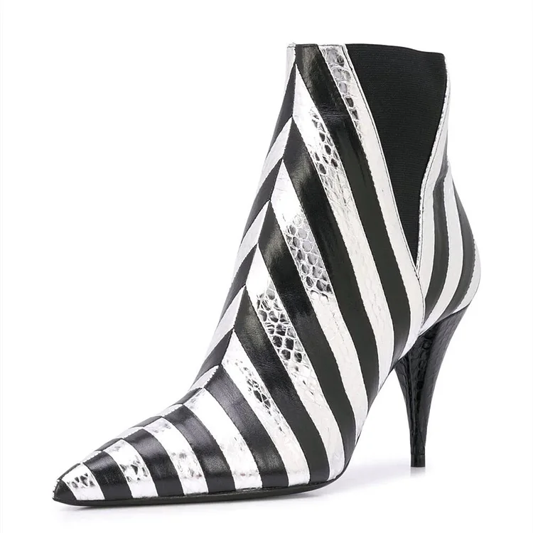 Black and White Stripe Ankle Booties Python Cone Heel Boots Vdcoo