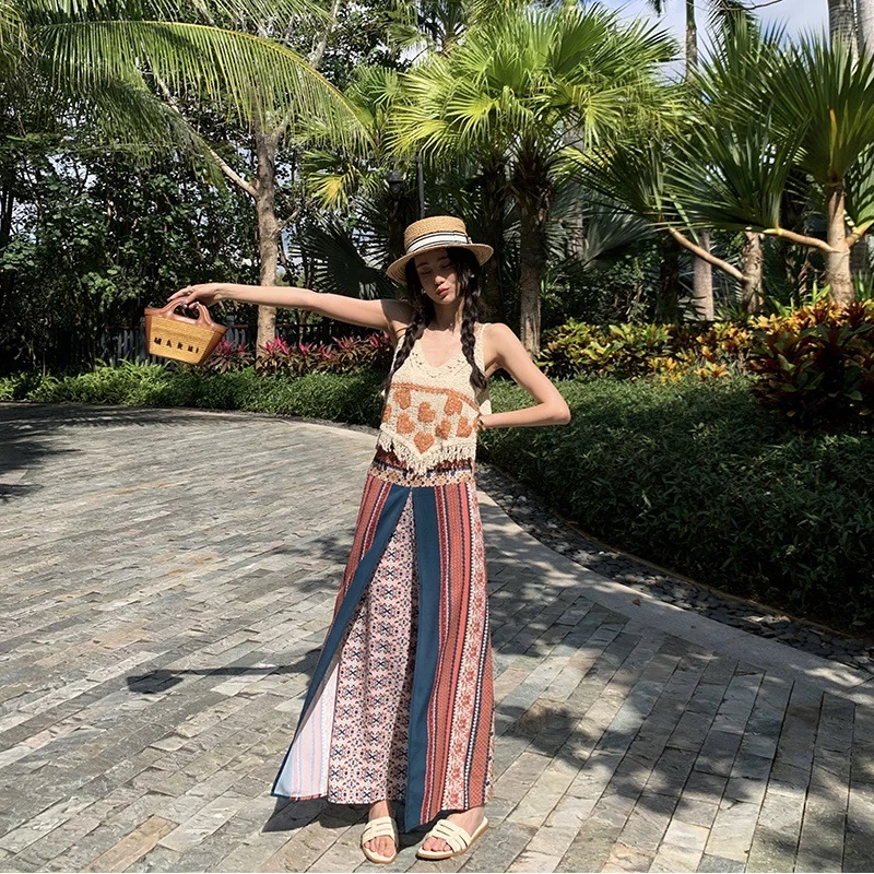 Churchf Churchf New Print Wide-Leg Pants Ethnic Snow Spinning Pants Bohemian Beach Pants Women