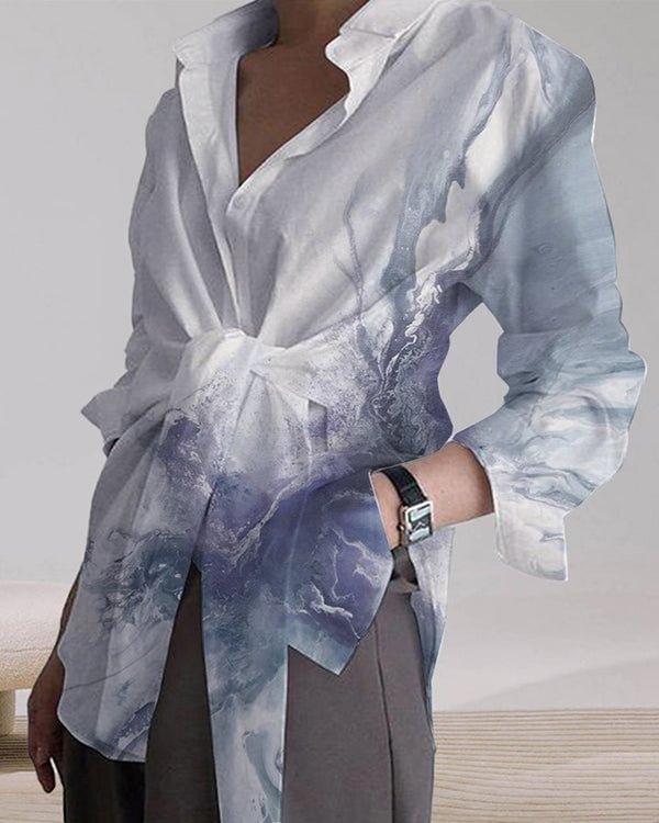 Temperament Marble Loose Tie Long Sleeve Casual Shirt Top
