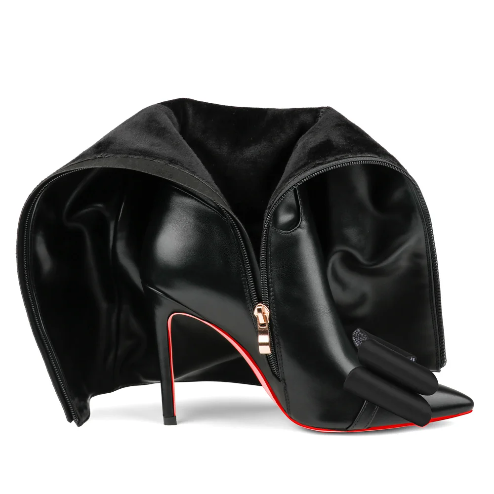 100mm Women's Fashion Zipper Leather High Heels Knee Boots Red Bottom Bowknot Shoes-MERUMOTE
