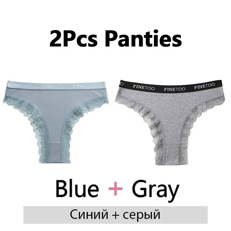 FINETOO 2Pcs/Set Cotton Panties for Women Sexy Ladies Lace G-string Solid Color Thongs Girls Plus Size M-2XL Underwear Lingerie